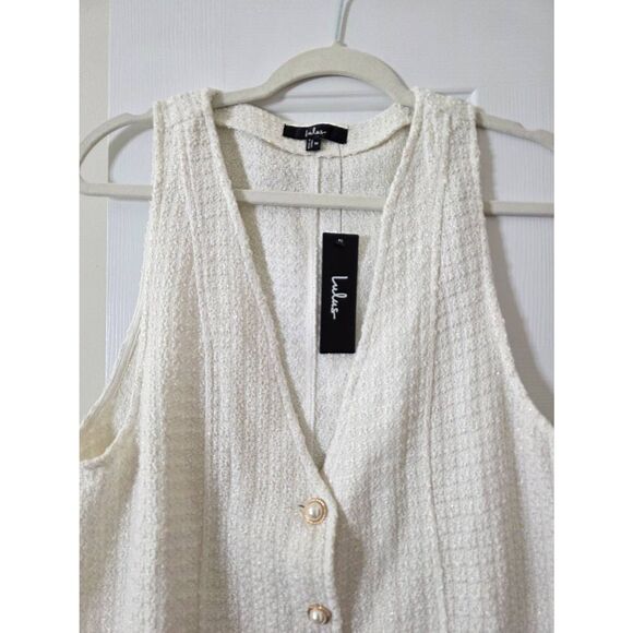 Lulus Elevated Concept White Tweed Lurex Button-Front Shift Mini Dress M NWT - Picture 4 of 9